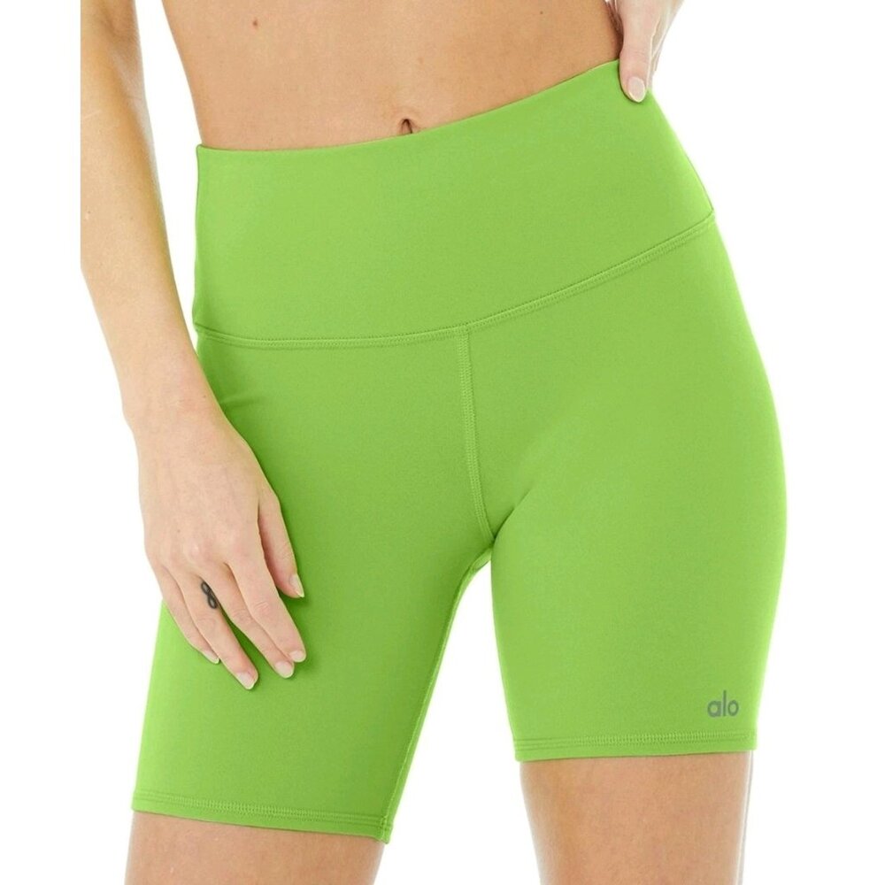 Alo Yoga High-Waist Biker Shorts Neon Green Sz (M) 7" Athletic Athleisure
